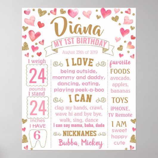 Hearts First Birthday party sign for a girl Poster (Voorkant)