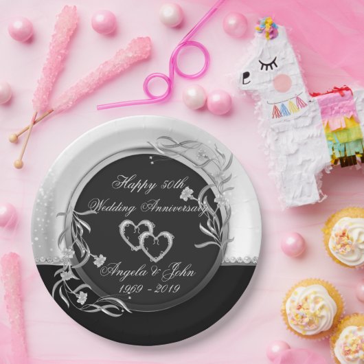 Hearts, Floral Silver Wedding Jubileum Papieren Bordje (Feest)