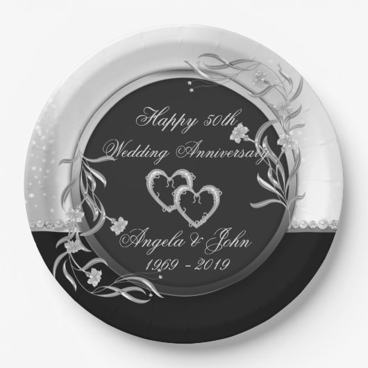 Hearts, Floral Silver Wedding Jubileum Papieren Bordje (Voorkant)