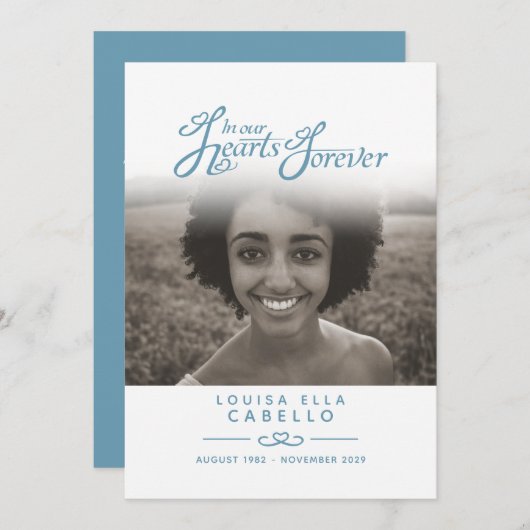 Hearts forever begrafenisprogramma blauw grijs programmakaart (Voorkant / Achterkant)