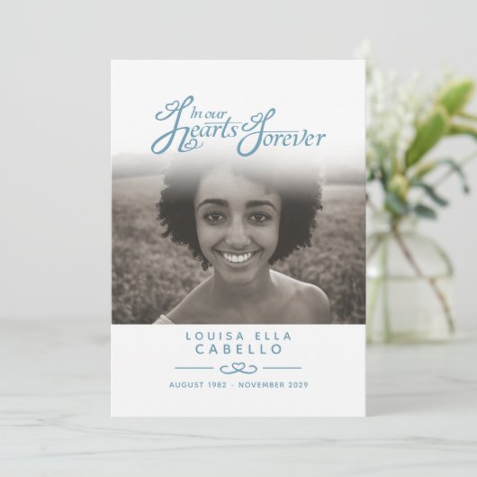 Hearts forever begrafenisprogramma blauw grijs programmakaart (Staand voorkant)