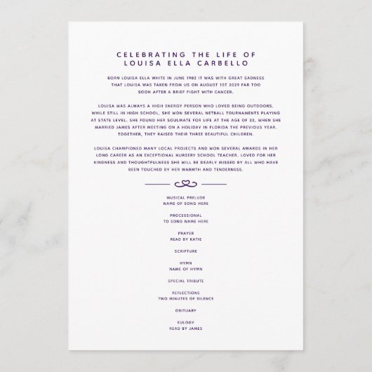 Hearts forever begrafenisprogramma donker paarse programmakaart (Achterkant)