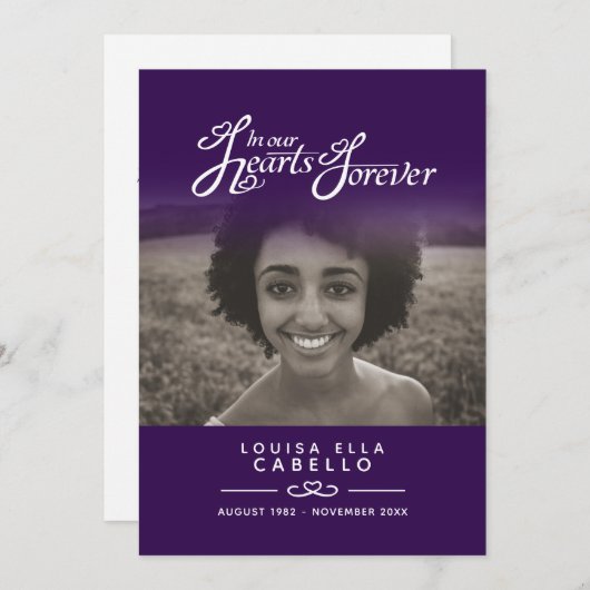 Hearts forever begrafenisprogramma donker paarse programmakaart (Voorkant / Achterkant)
