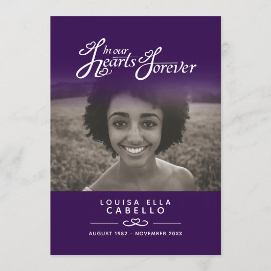 Hearts forever begrafenisprogramma donker paarse programmakaart (Voorkant)
