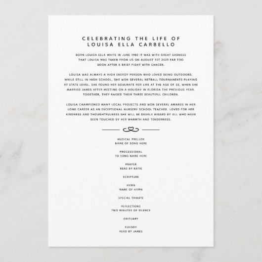 Hearts forever begrafenisprogramma zwart wit programmakaart (Achterkant)