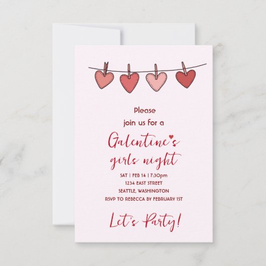 Hearts Galentines Love Pattern Party Invitation RSVP Kaartje (Voorkant)