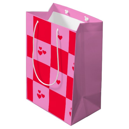 Hearts Grid roze en rood Medium Cadeauzakje (Achterkant Gekanteld)