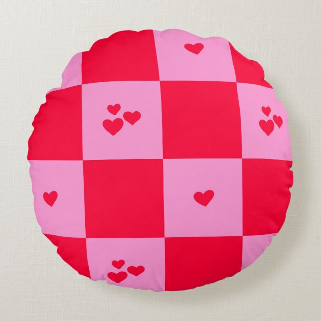 Hearts Grid roze en rood Rond Kussen (Voorkant)