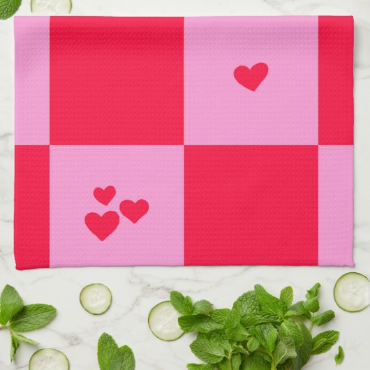 Hearts Grid roze en rood Theedoek (Gevouwen)