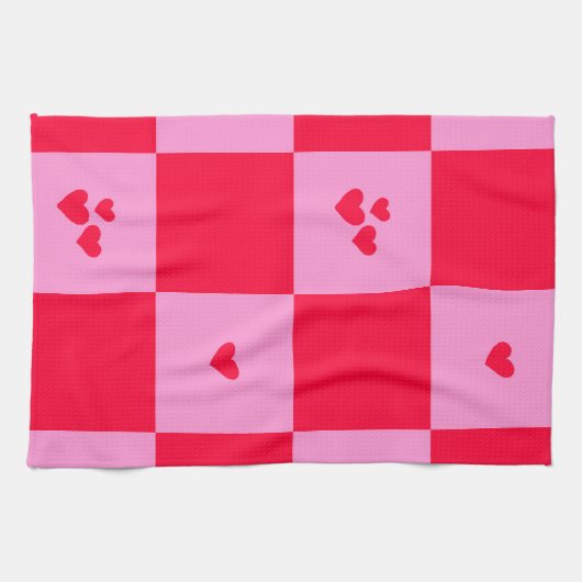 Hearts Grid roze en rood Theedoek (Horizontaal)