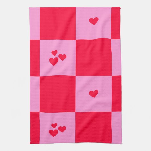 Hearts Grid roze en rood Theedoek (Verticaal)