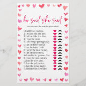 Hearts He Said She Said Bridal Shower Game  Briefpapier (Voorkant)