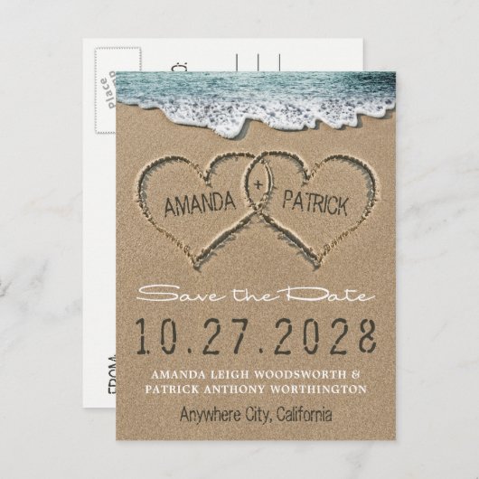 Hearts in the Sand Beach Shore Save The Date Cards Aankondigingskaart (Voorkant / Achterkant)