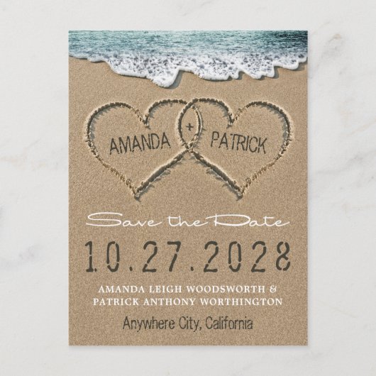 Hearts in the Sand Beach Shore Save The Date Cards Aankondigingskaart (Voorkant)