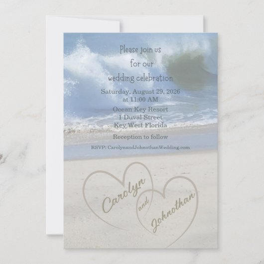 Hearts in the Sand photo Wedding Invitation Kaart (Voorkant)