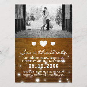 Hearts & Lights Rustic Wedding Save the Date Kaart