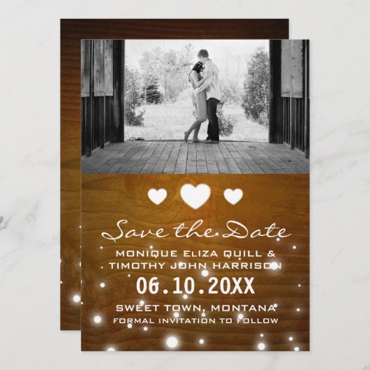 Hearts & Lights Rustic Wedding Save the Date Kaart (Voorkant / Achterkant)