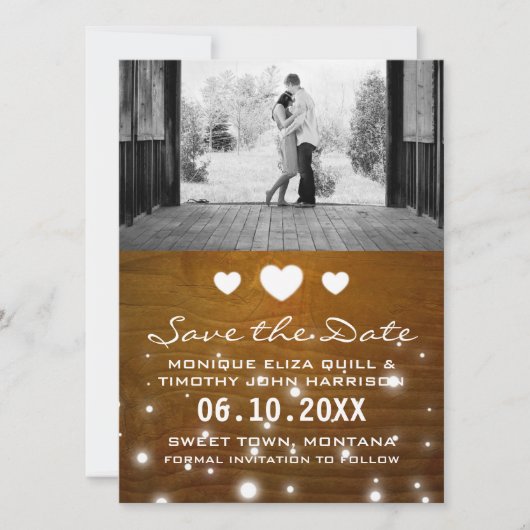 Hearts & Lights Rustic Wedding Save the Date Kaart (Voorkant)