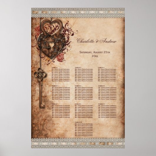 Hearts Lock and Key Wedding 10 Table Seating Chart Poster (Voorkant)
