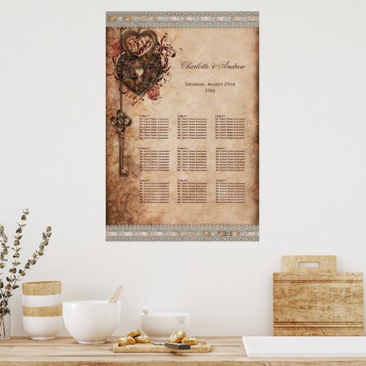 Hearts Lock and Key Wedding 9 Table Seating Chart Poster (Keuken)