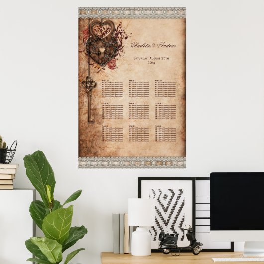 Hearts Lock and Key Wedding 9 Table Seating Chart Poster (Thuiskantoor)