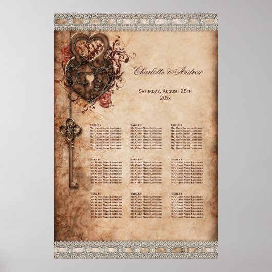 Hearts Lock and Key Wedding 9 Table Seating Chart Poster (Voorkant)