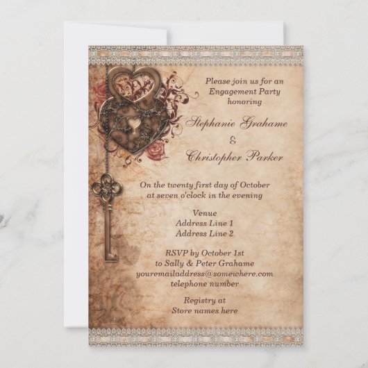  Hearts Lock en Key Engagement Party Kaart (Achterkant)