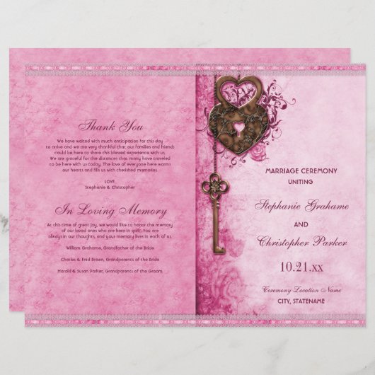 Hearts Lock Key Pink Wedding Ceremony Program (Voorkant / Achterkant)