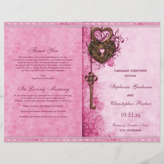 Hearts Lock Key Pink Wedding Ceremony Program (Voorkant)
