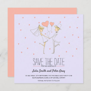 Hearts Love Bride and Groom Cartoon Save the Date Kaart