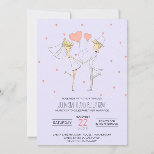 Hearts Love Bride and Groom Cartoon Wedding Kaart (Voorkant)