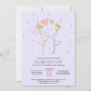Hearts Love Bride and Groom Cartoon Wedding Kaart