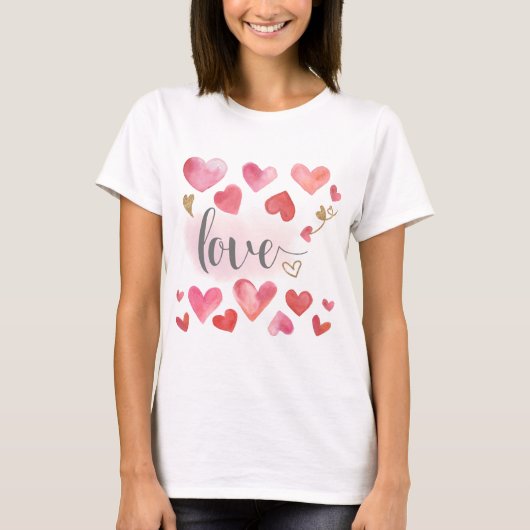 Hearts Love Modern Waterverf Roze Valentijnsdag T-shirt (Voorkant)
