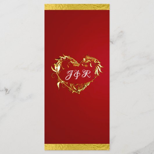 Hearts & Monogram - Crimson Red/Gold Wedding Menu (Achterkant)