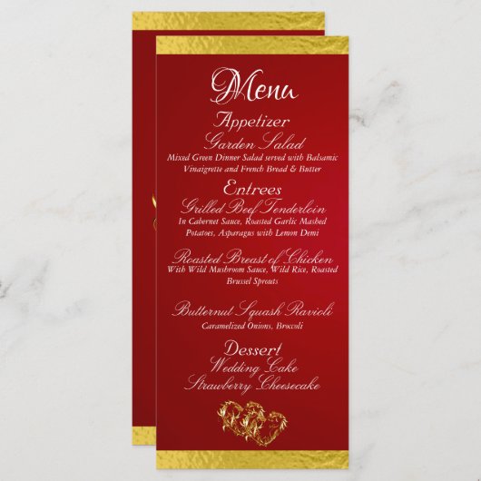 Hearts & Monogram - Crimson Red/Gold Wedding Menu (Voorkant / Achterkant)