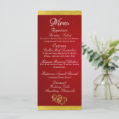 Hearts & Monogram - Crimson Red/Gold Wedding Menu (Staand voorkant)