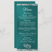 Hearts, Monogram & Glitter - Blauwgroen bruiloft Menu (Voorkant / Achterkant)