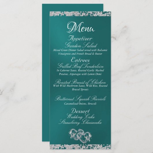 Hearts, Monogram & Glitter - Blauwgroen bruiloft Menu (Voorkant / Achterkant)
