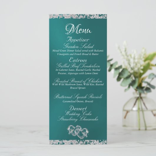 Hearts, Monogram & Glitter - Blauwgroen bruiloft Menu (Staand voorkant)