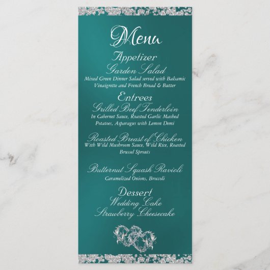 Hearts, Monogram & Glitter - Blauwgroen bruiloft Menu (Voorkant)