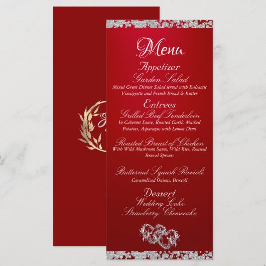 Hearts, Monogram & Glitter - Crimson Wedding Menu (Voorkant / Achterkant)