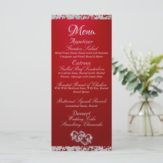 Hearts, Monogram & Glitter - Crimson Wedding Menu (Staand voorkant)