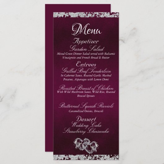 Hearts, Monogram & Glitter - Paarse bruiloft Menu (Voorkant / Achterkant)