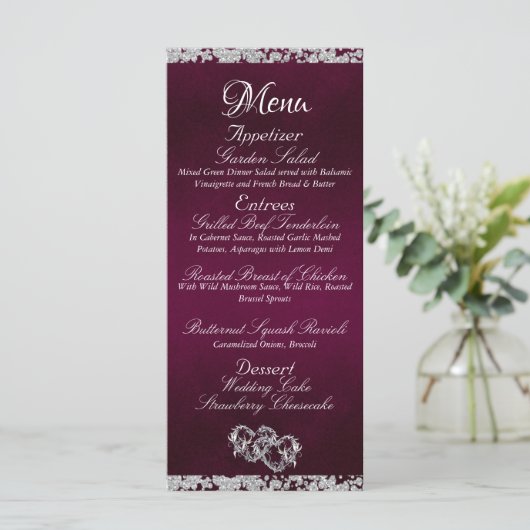 Hearts, Monogram & Glitter - Paarse bruiloft Menu (Staand voorkant)