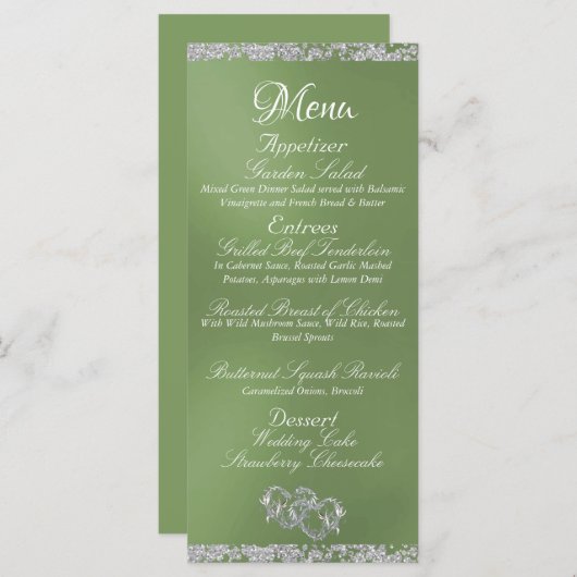 Hearts, Monogram & Glitter - Sage Wedding Menu (Voorkant / Achterkant)