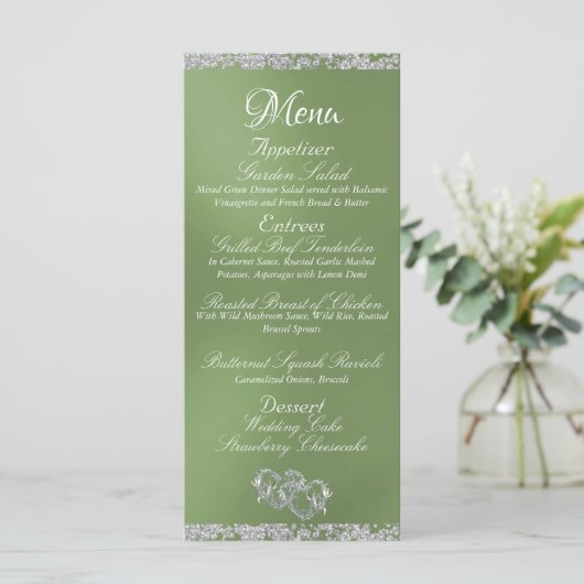 Hearts, Monogram & Glitter - Sage Wedding Menu (Staand voorkant)