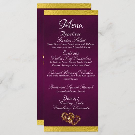 Hearts & Monogram - Paarse/gouden bruiloft Menu (Voorkant / Achterkant)