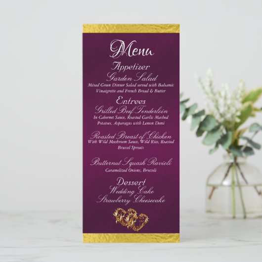 Hearts & Monogram - Paarse/gouden bruiloft Menu (Staand voorkant)