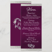 Hearts & Monogram - Paarse/zilveren bruiloft Menu (Voorkant / Achterkant)