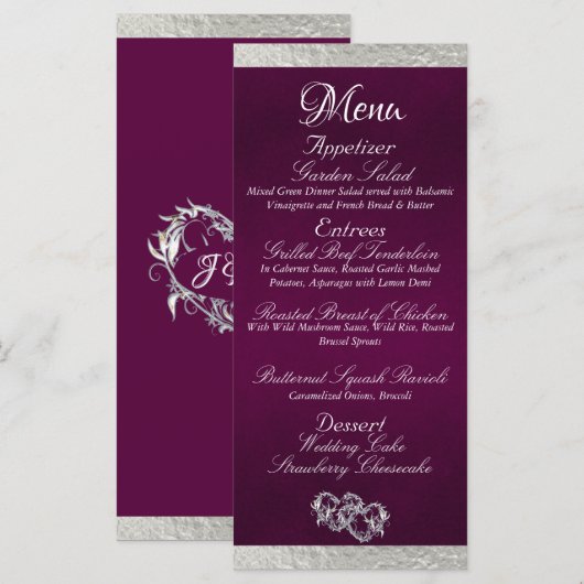 Hearts & Monogram - Paarse/zilveren bruiloft Menu (Voorkant / Achterkant)